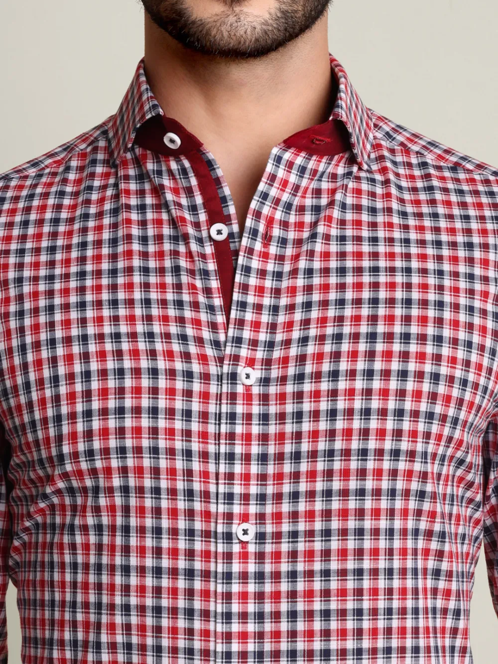 Maroon Checked Pure Cotton Shirt with Contrast Details