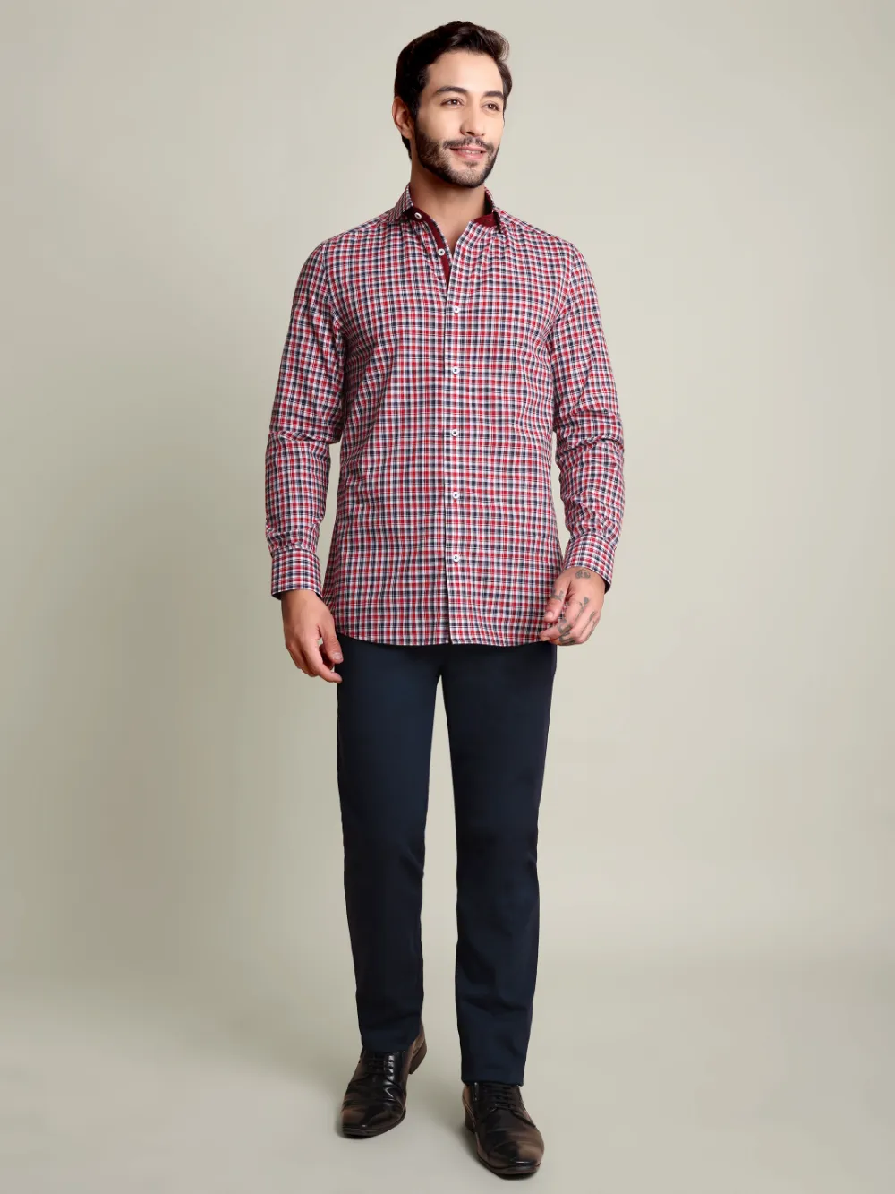 Maroon Checked Pure Cotton Shirt with Contrast Details