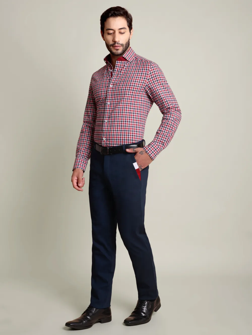 Maroon and Navy Grid Shirt with Stretch Navy Chino Designer Pair