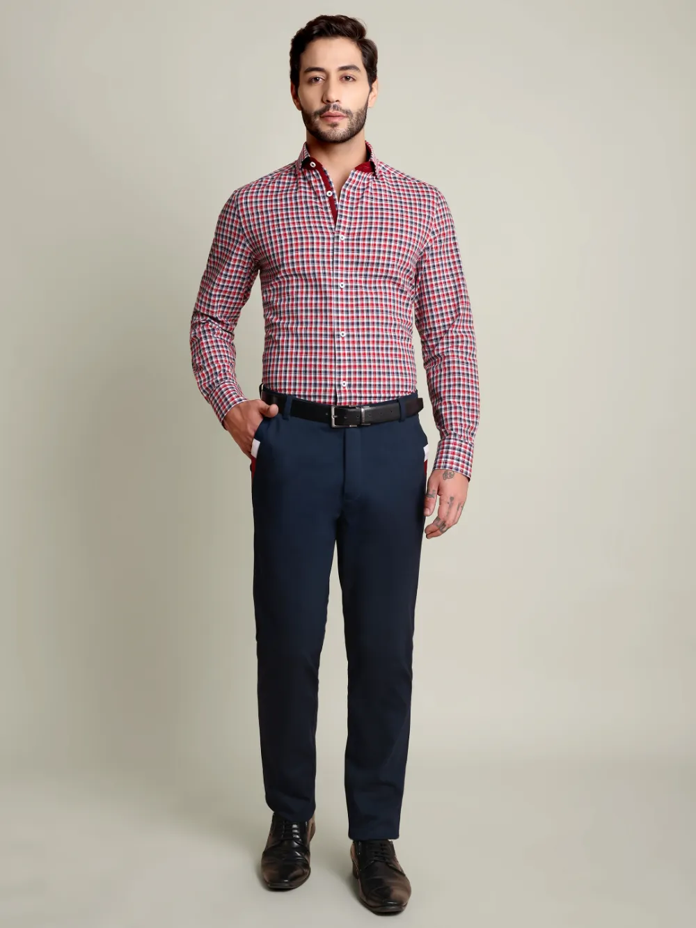 Maroon Checked Pure Cotton Shirt with Contrast Details