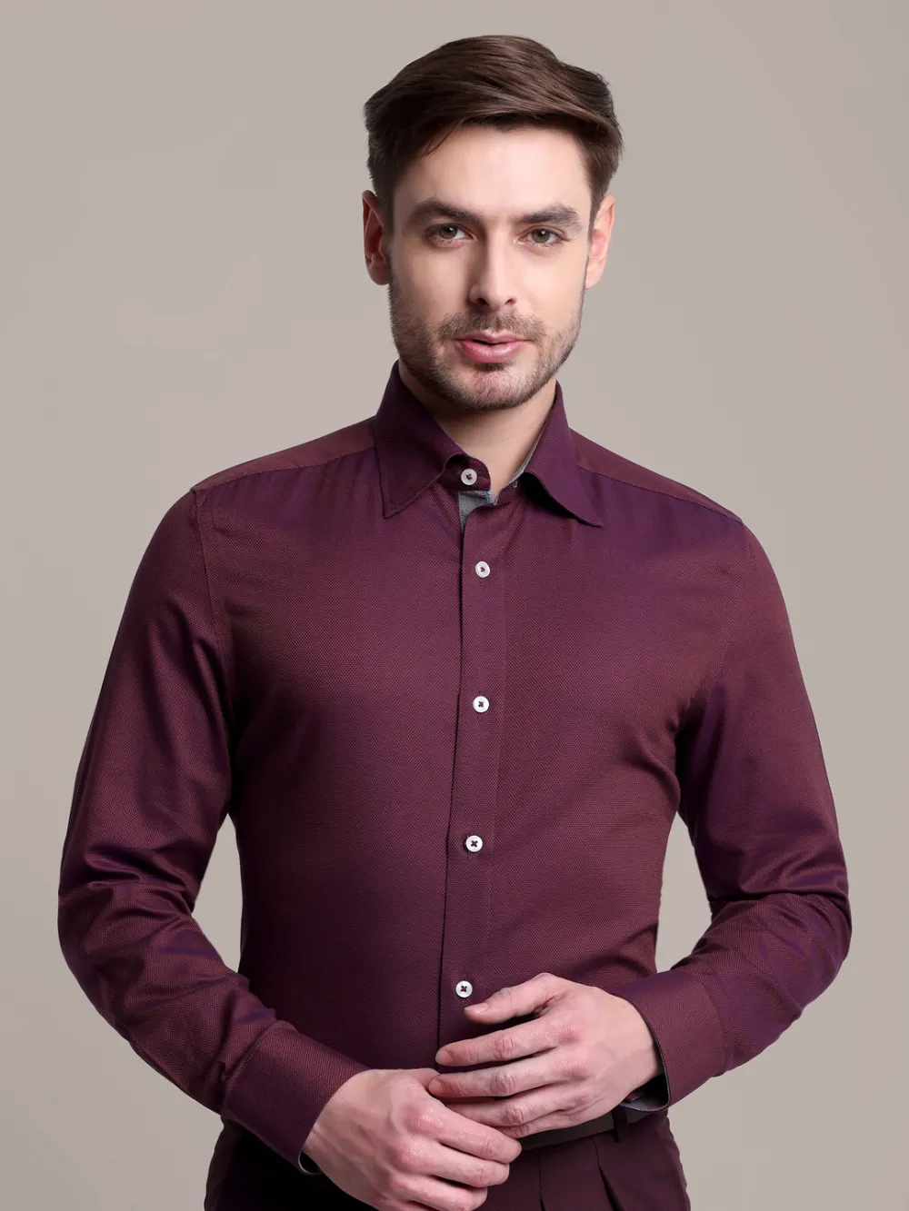 Winefire designer pair of wine red plain shirt and maroon trousers