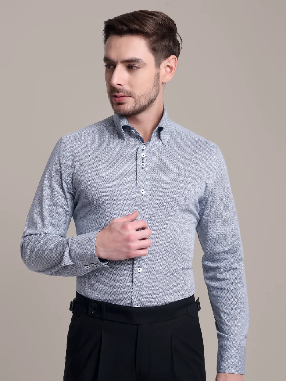 Non-Iron Stretch Navy Geometry Shirt - Knitted Weave