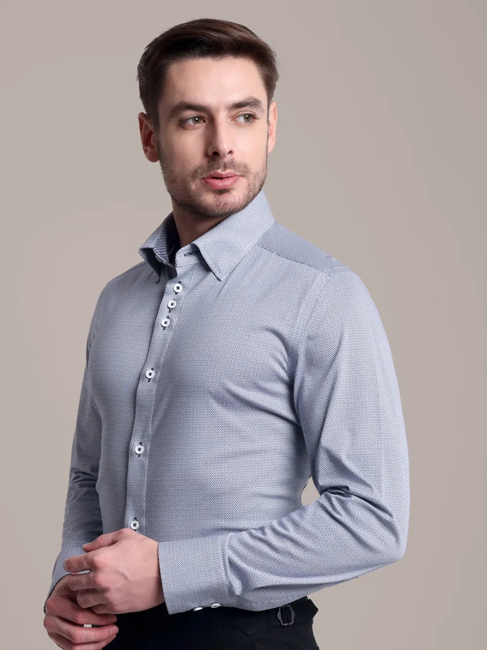 Non-Iron Stretch Navy Geometry Shirt - Knitted Weave