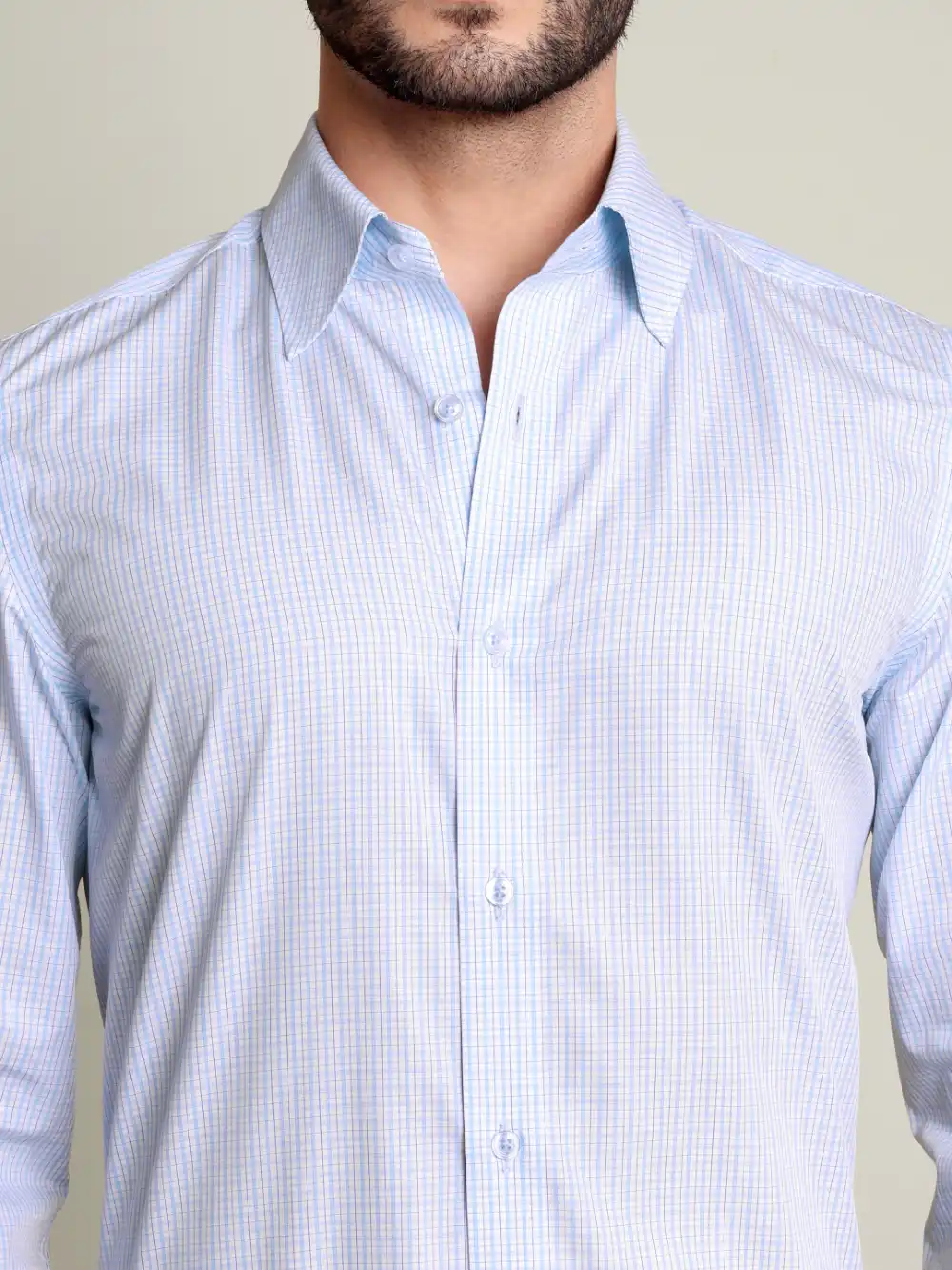 Non-Iron Pure Cotton Sky Grid Shirt - Plain Weave