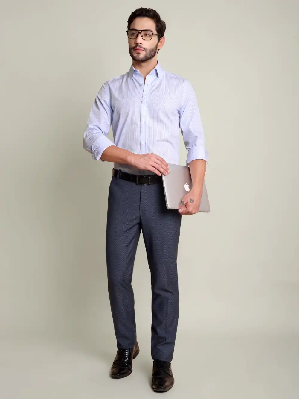 Non-Iron Pure Cotton Sky Grid Shirt - Plain Weave