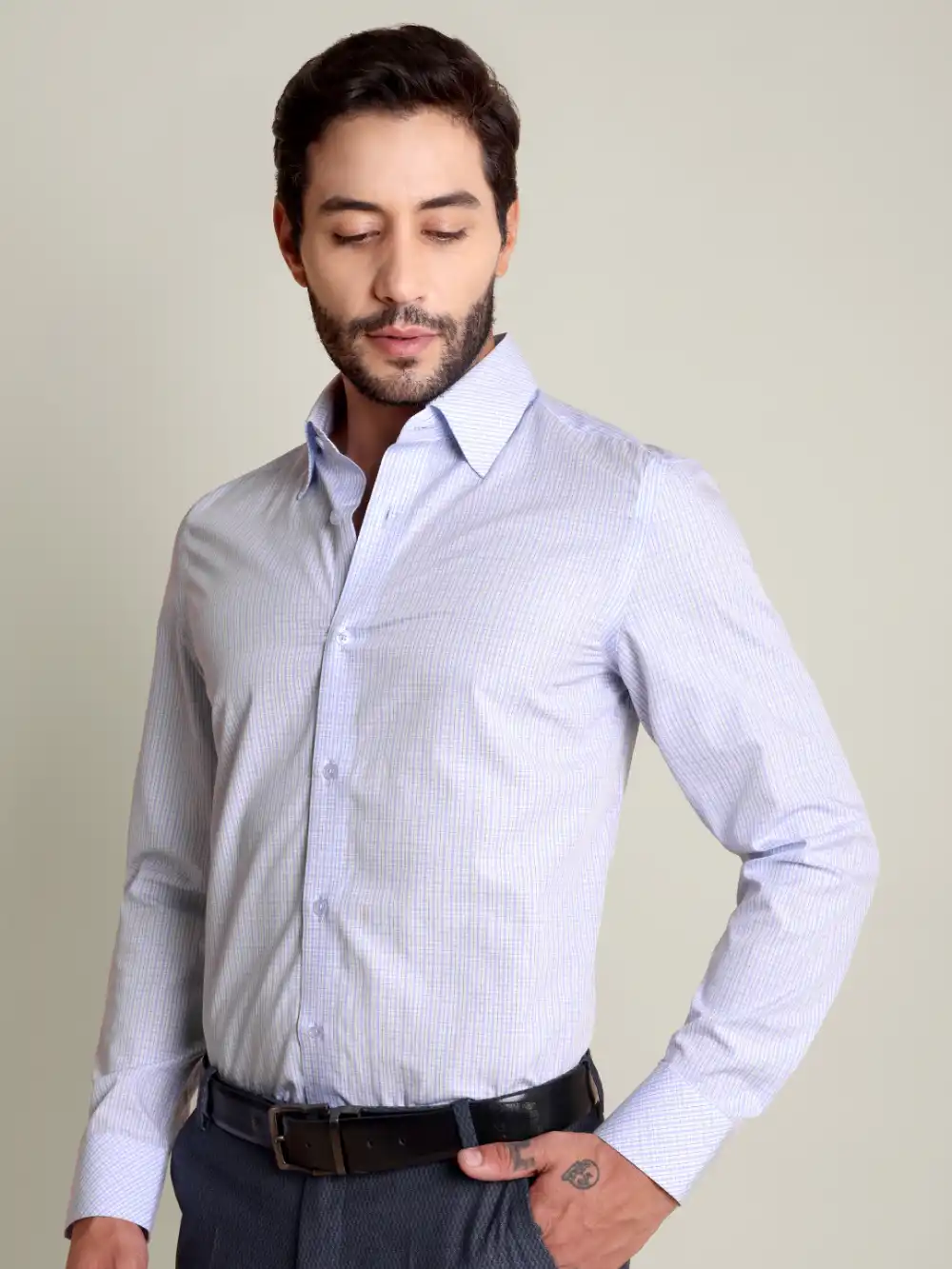 Non-Iron Pure Cotton Sky Grid Shirt - Plain Weave