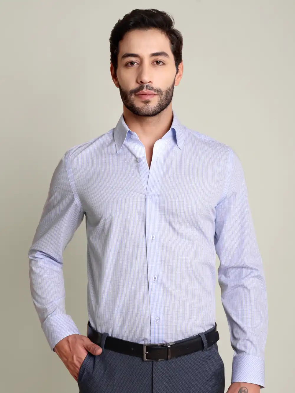 Non-Iron Pure Cotton Sky Grid Shirt - Plain Weave