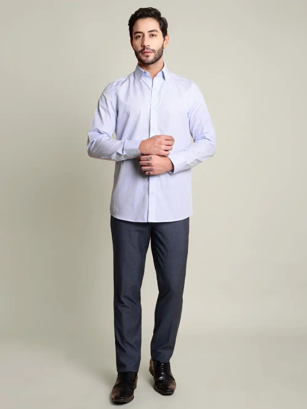 Non-Iron Pure Cotton Sky Grid Shirt - Plain Weave