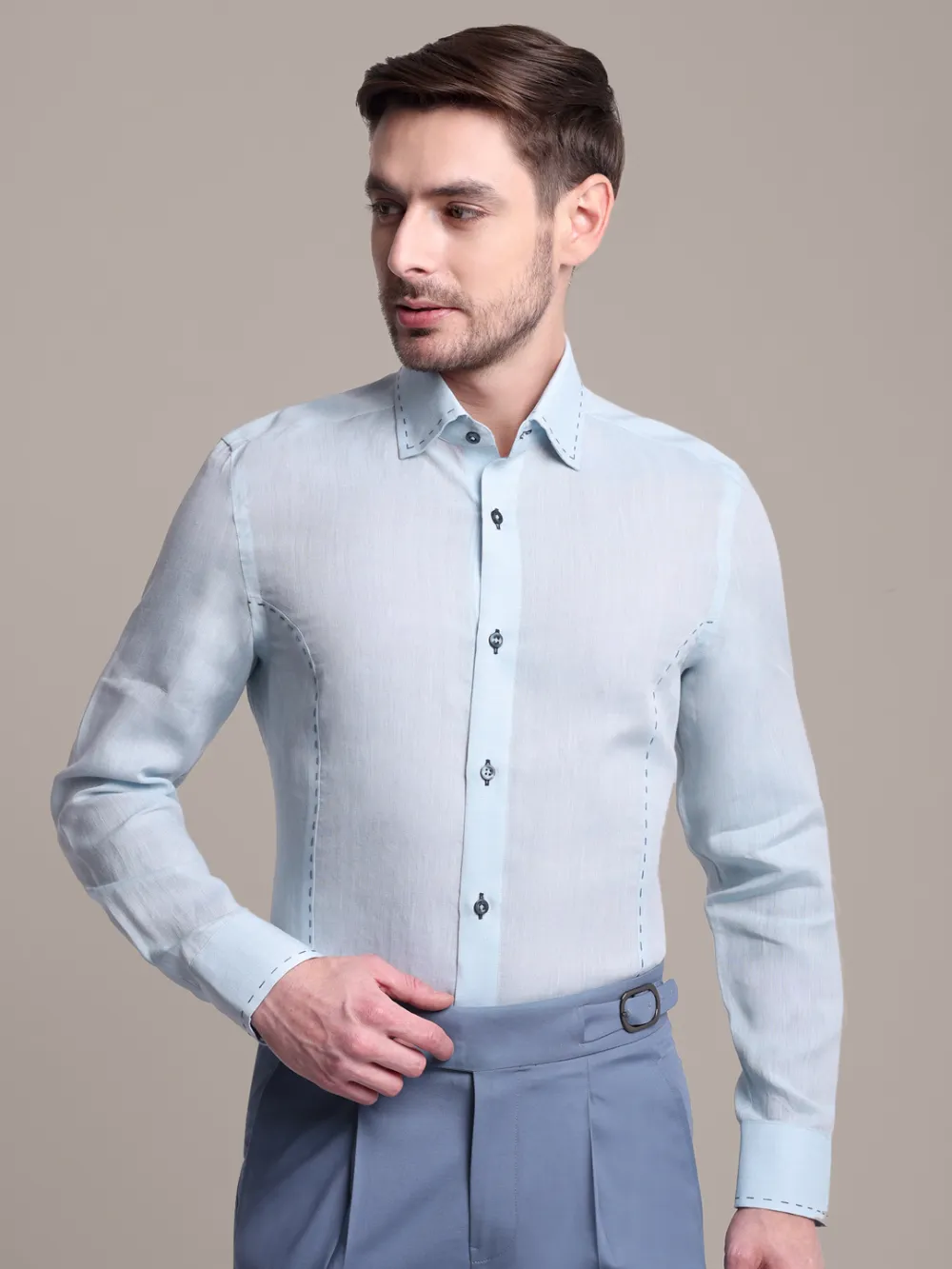 Sustainable - 100% Hemp Plain Aquamarine Shirt with Out-Stitch