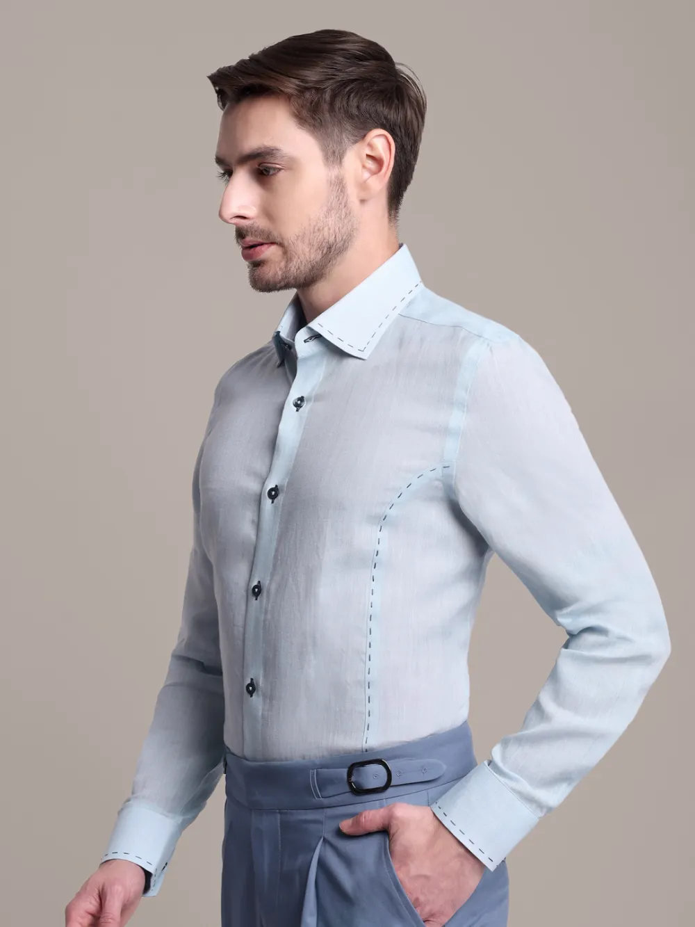 Sustainable - 100% Hemp Plain Aquamarine Shirt with Out-Stitch