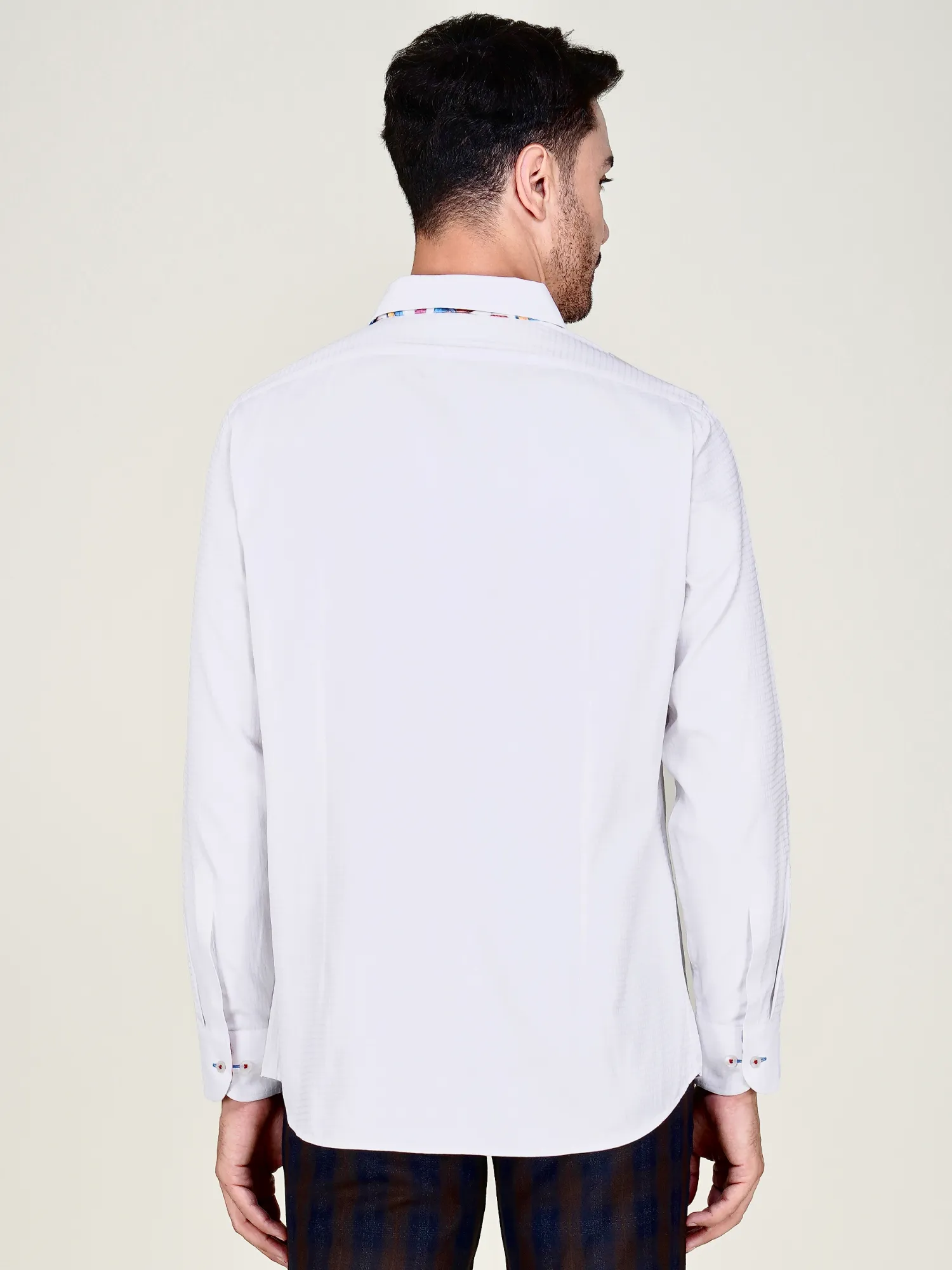 White Self Checked Shirt With One Piece Collar – Birds