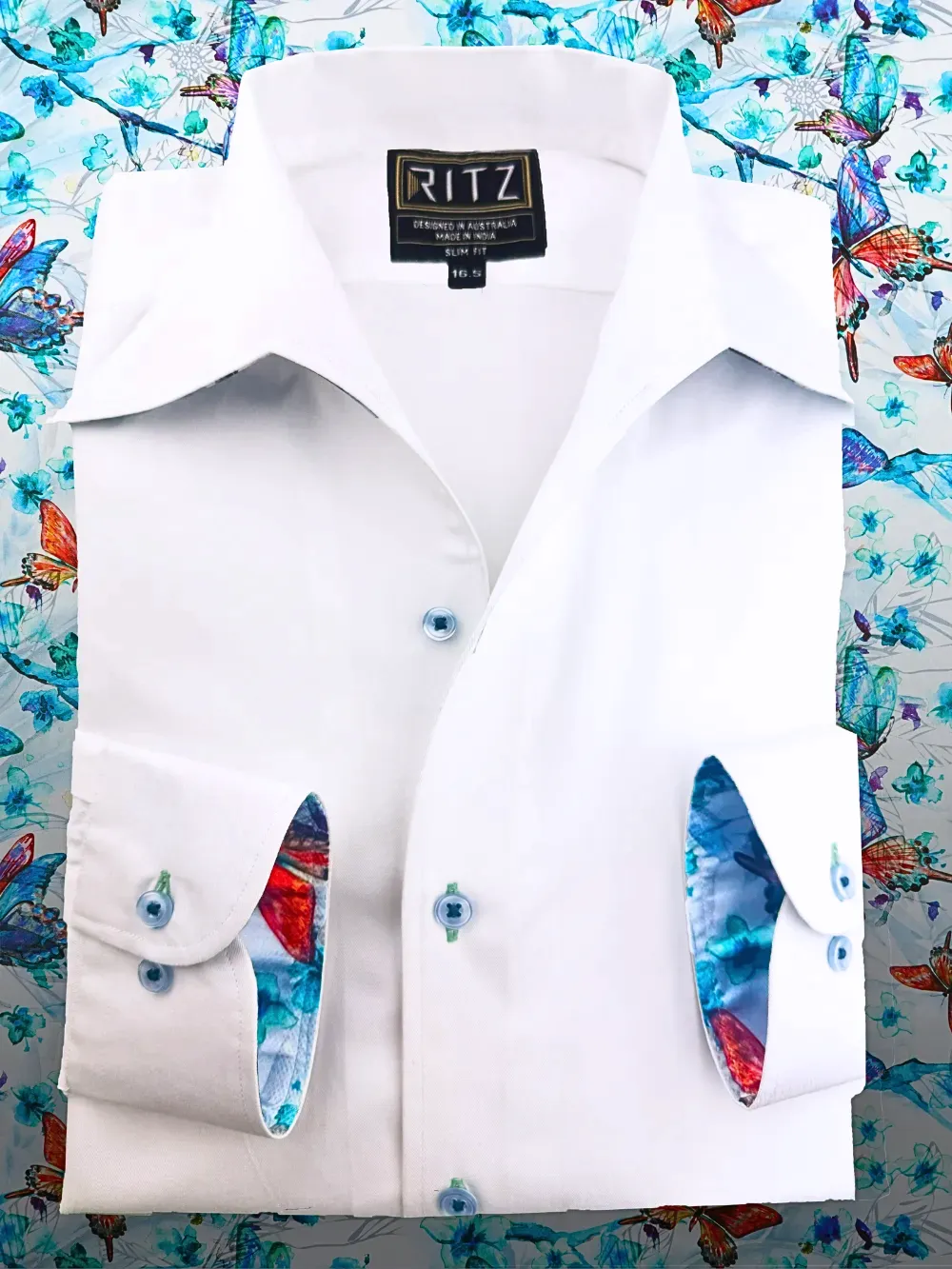 White Shirt with Signature Satin California Collar - Butterflies
