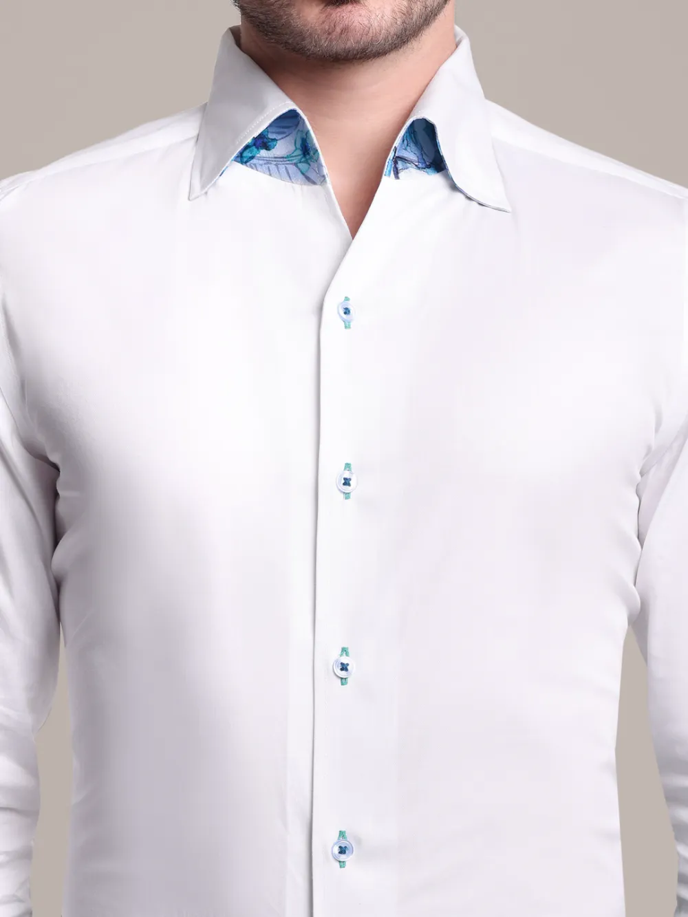 White Shirt with Signature Satin California Collar - Butterflies