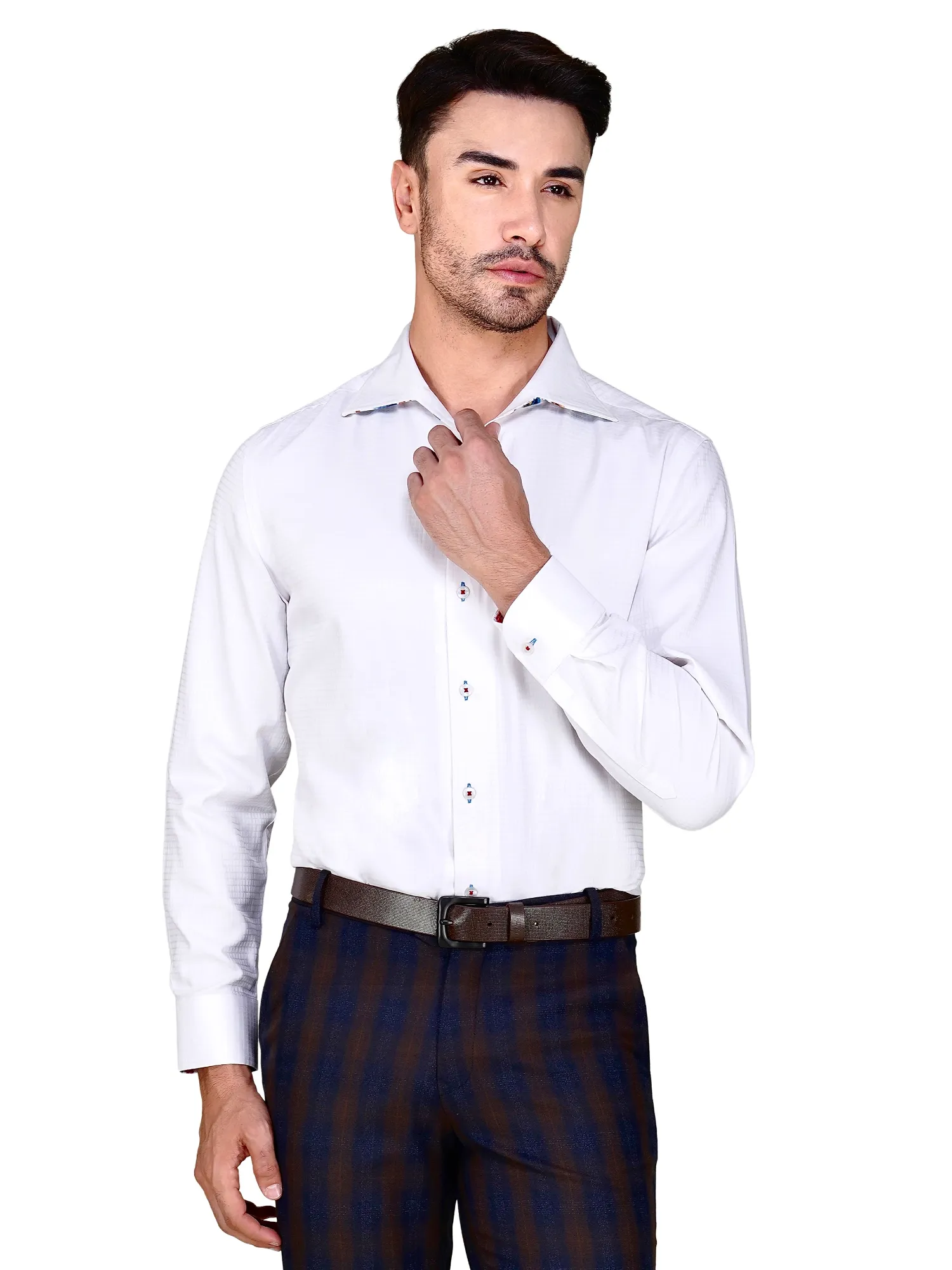 White Self Checked Shirt With One Piece Collar – Birds