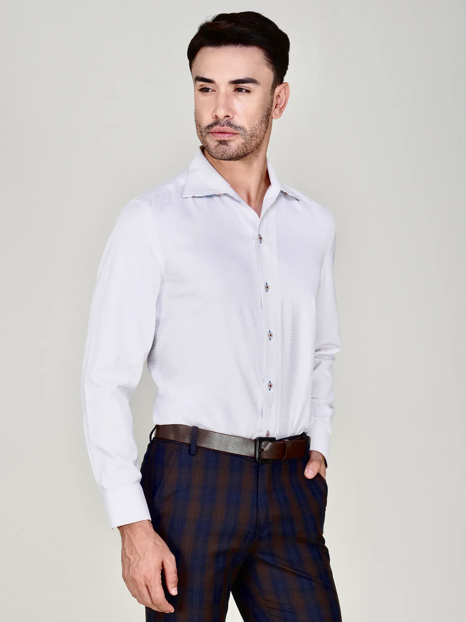 White Self Checked Shirt With One Piece Collar – Birds