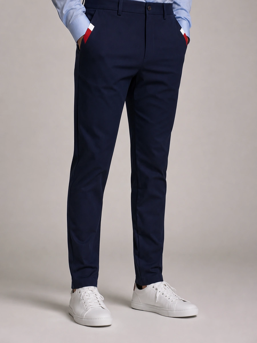 Cotton Chino with Twill Weave and Extra Stretch - Navy with Red and White Accent