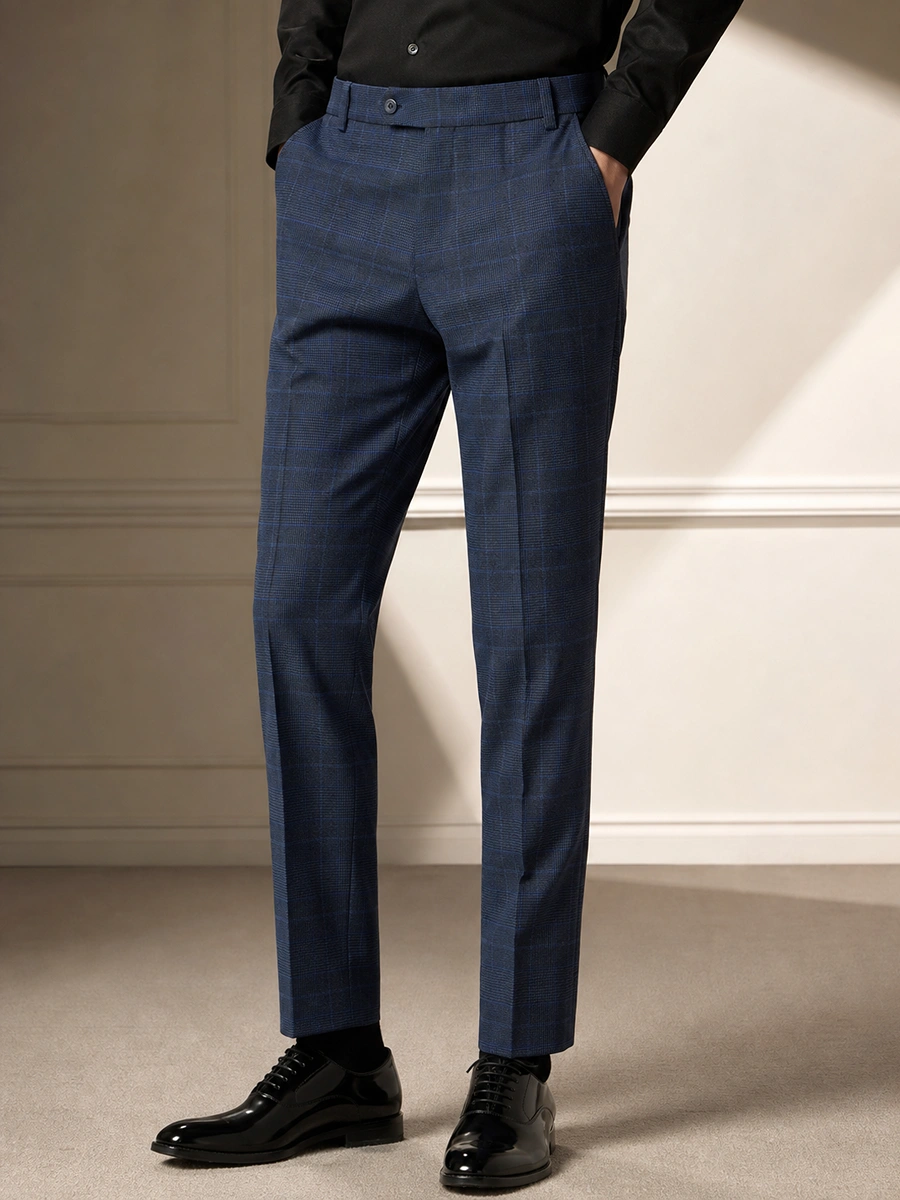Luxury Viscose Trousers with Checked Pattern - Grey Royal Blue