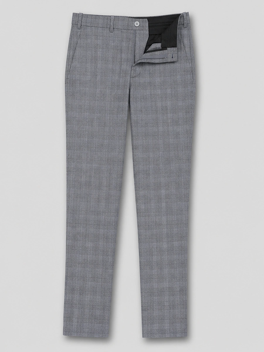 Luxury Wool Polyester Blend Trousers with Plaid Weave - Gray with Black Grid
