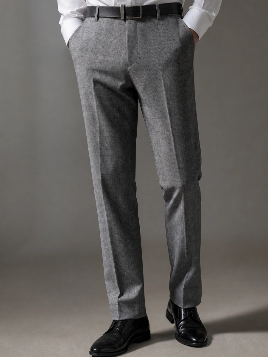 Luxury Wool Polyester Blend Trousers with Plaid Weave - Gray with Black Grid
