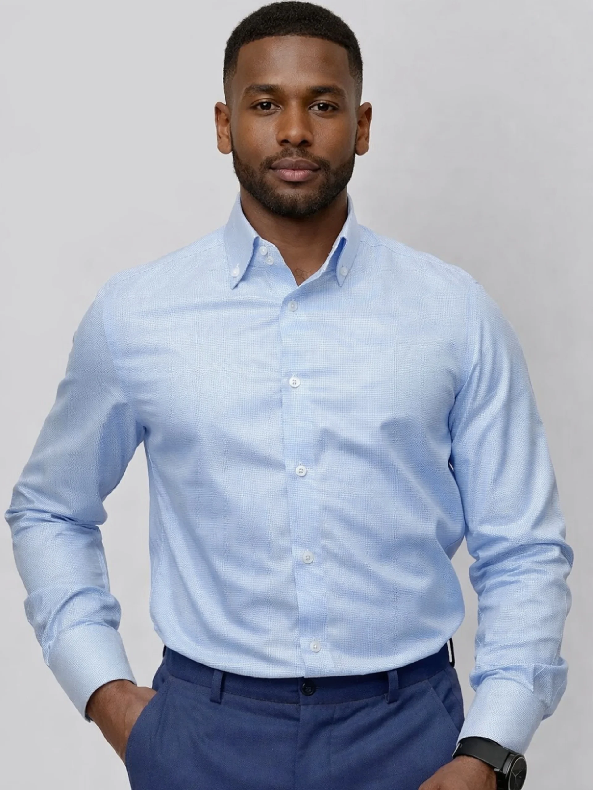 Non-Iron 100% Cotton Light Blue Shirt - Hound's Tooth