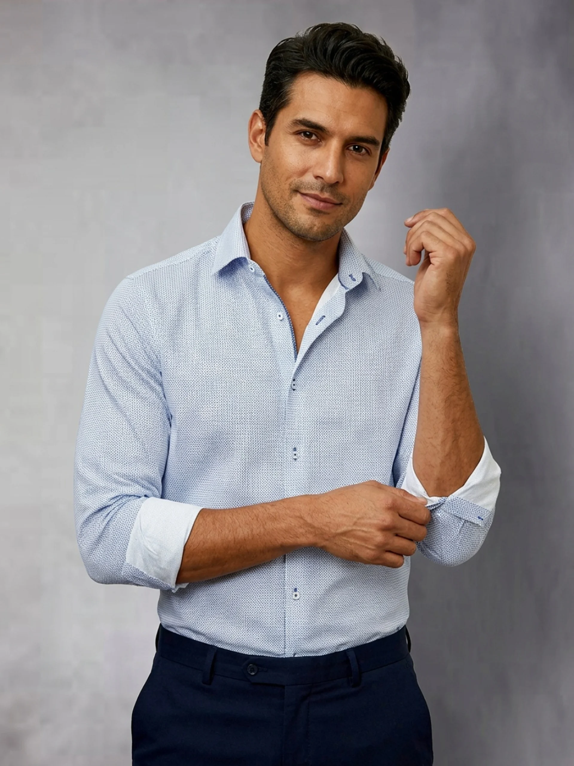 Pure Cotton Stretch Diamond Sky Shirt - Knitted Weave