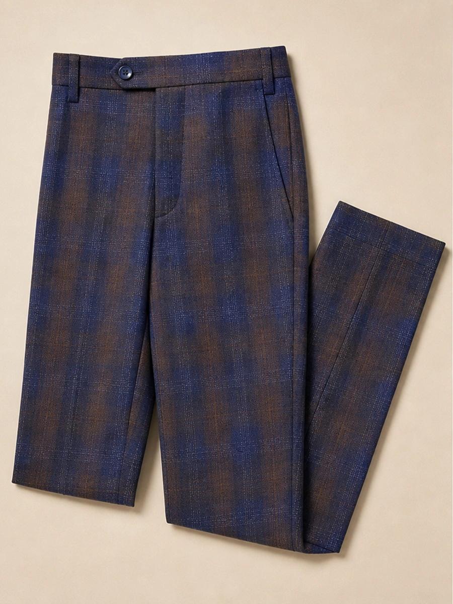 Premium Viscose Fabric Trousers with Grid Pattern - Peach and Indigo