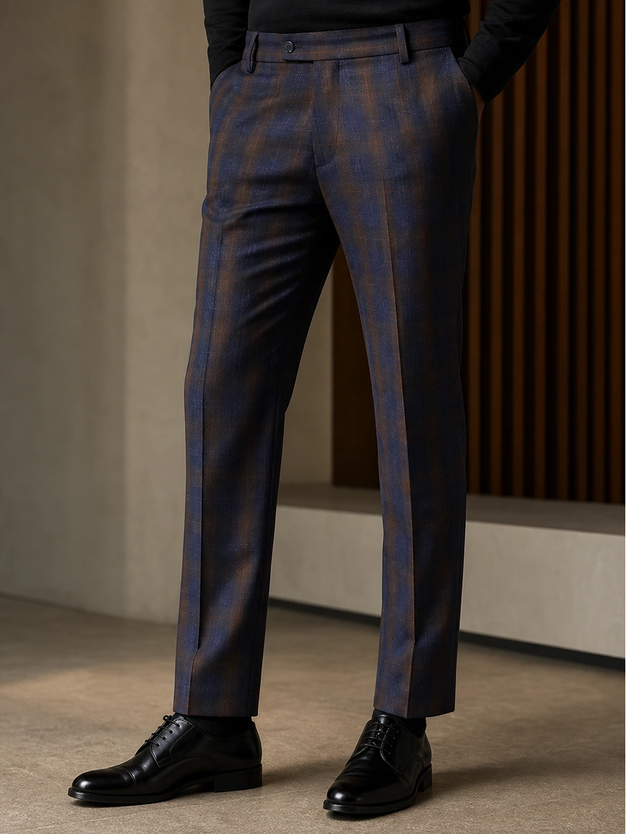 Premium Viscose Fabric Trousers with Grid Pattern - Peach and Indigo