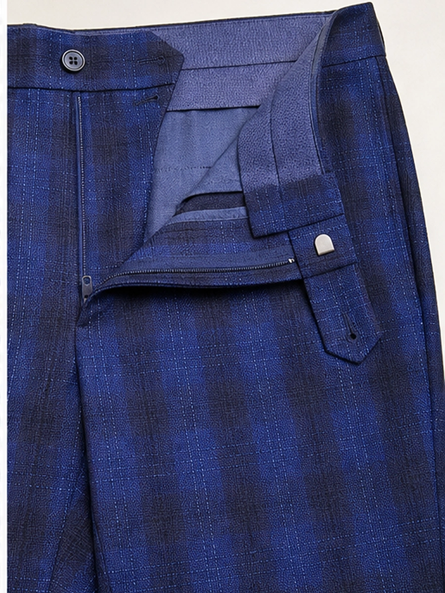 Premium Viscose Fabric Trousers with Grid Pattern - Royal Blue and Nevy