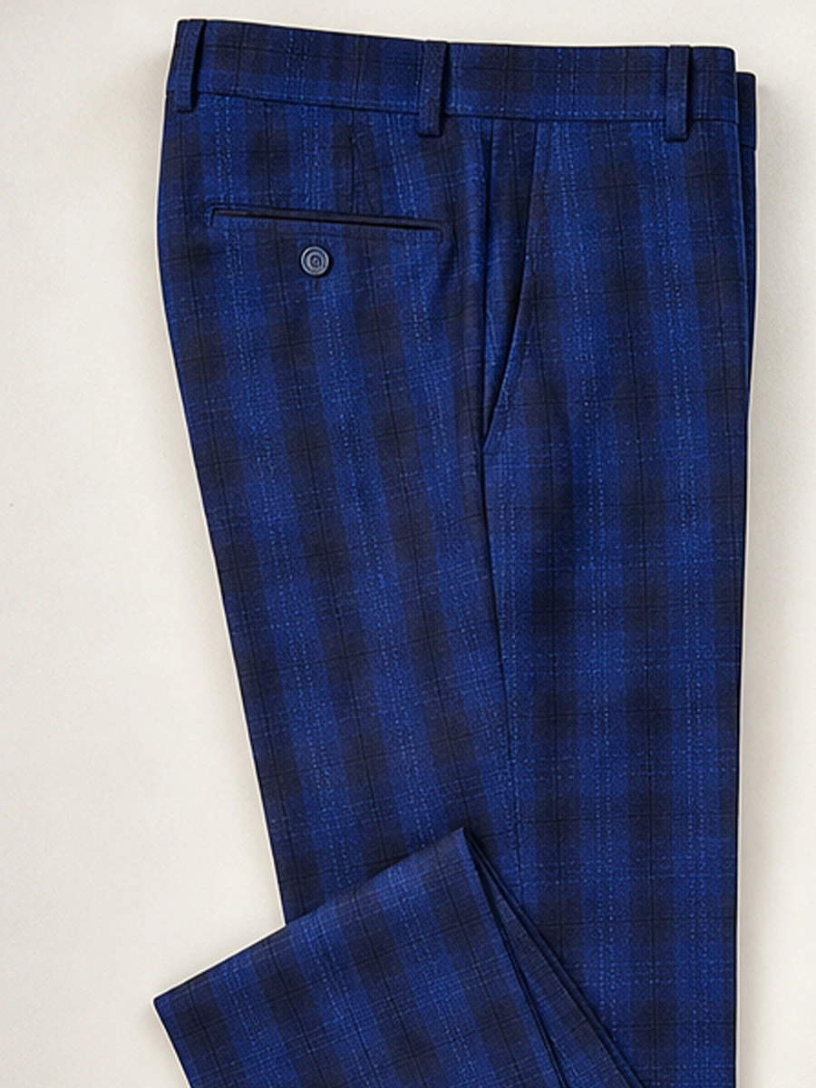 Premium Viscose Fabric Trousers with Grid Pattern - Royal Blue and Nevy