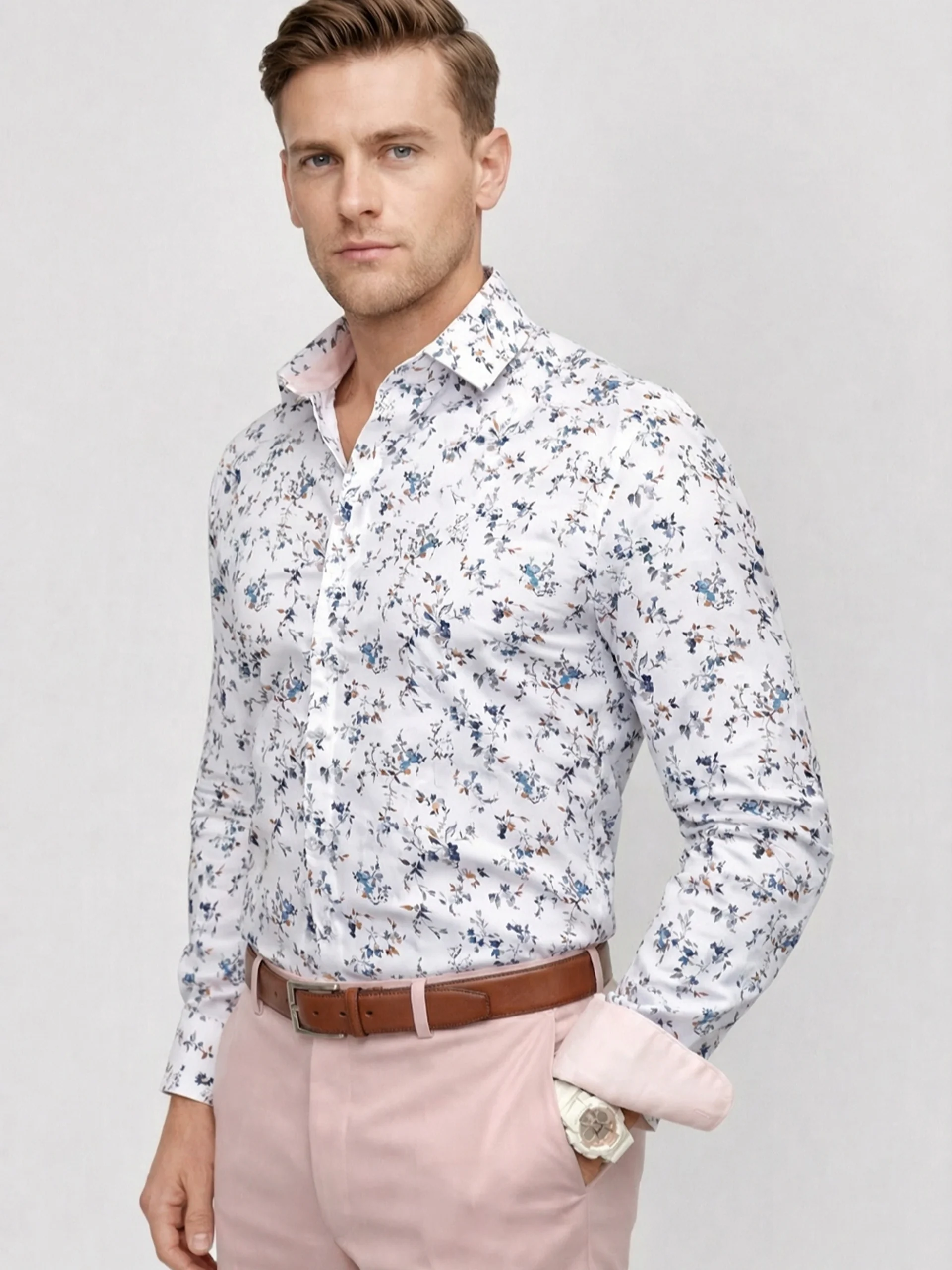 Pure Cotton Peachy Floral Shirt - Twill Weave