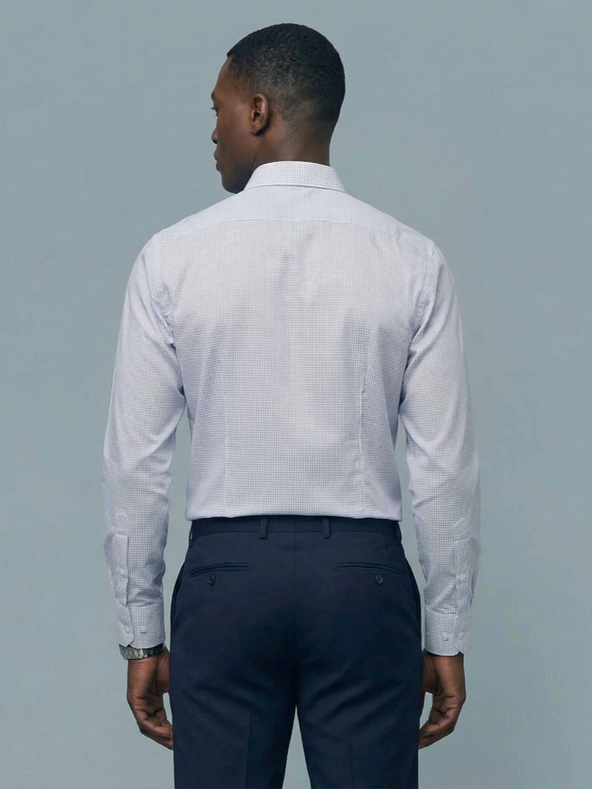 Non-Iron Pure Cotton White Shirt with Light Blue Checks – Dobby Weave