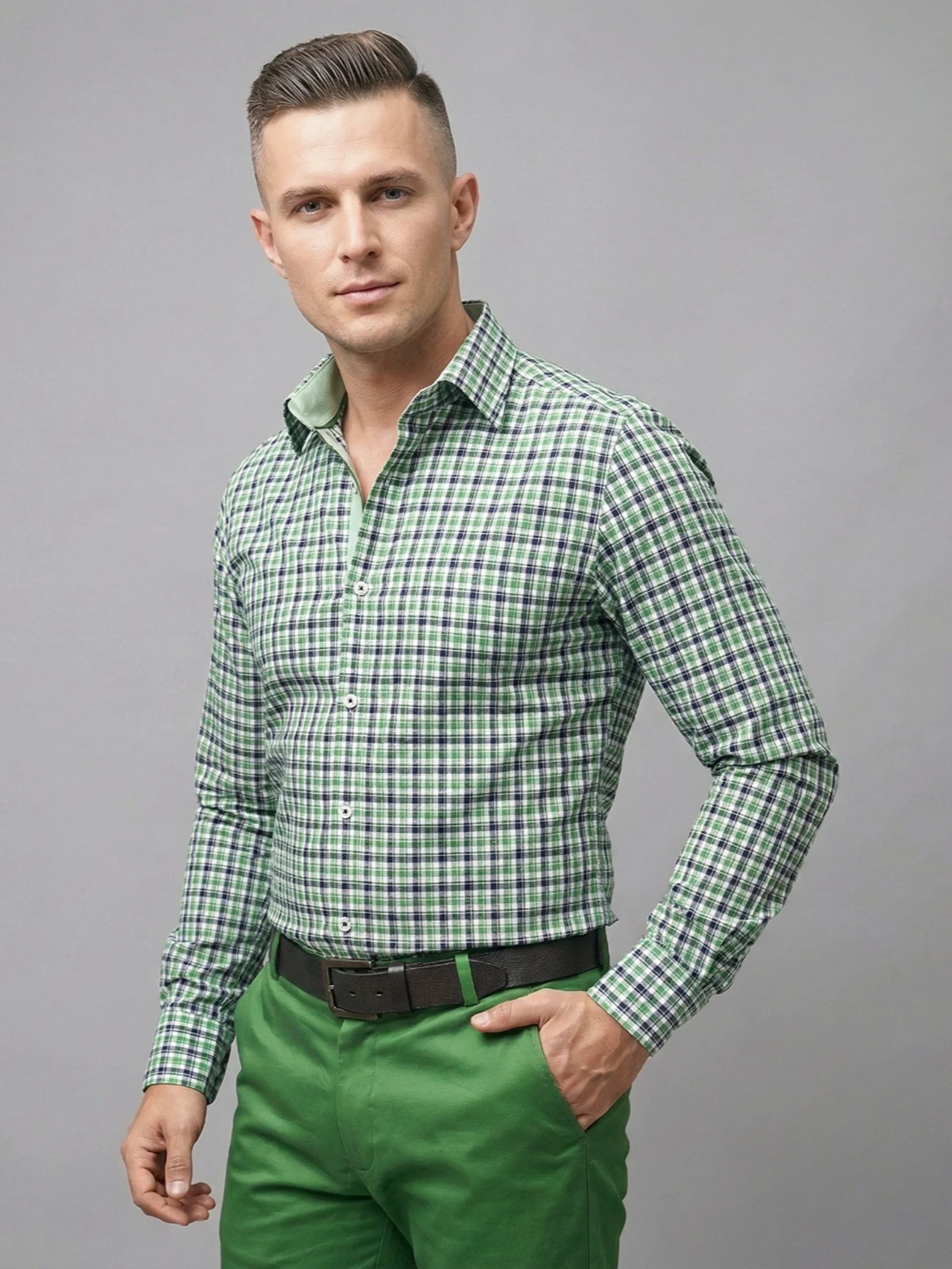 Pure Cotton Olive Grid Shirt With Contrast Detailing